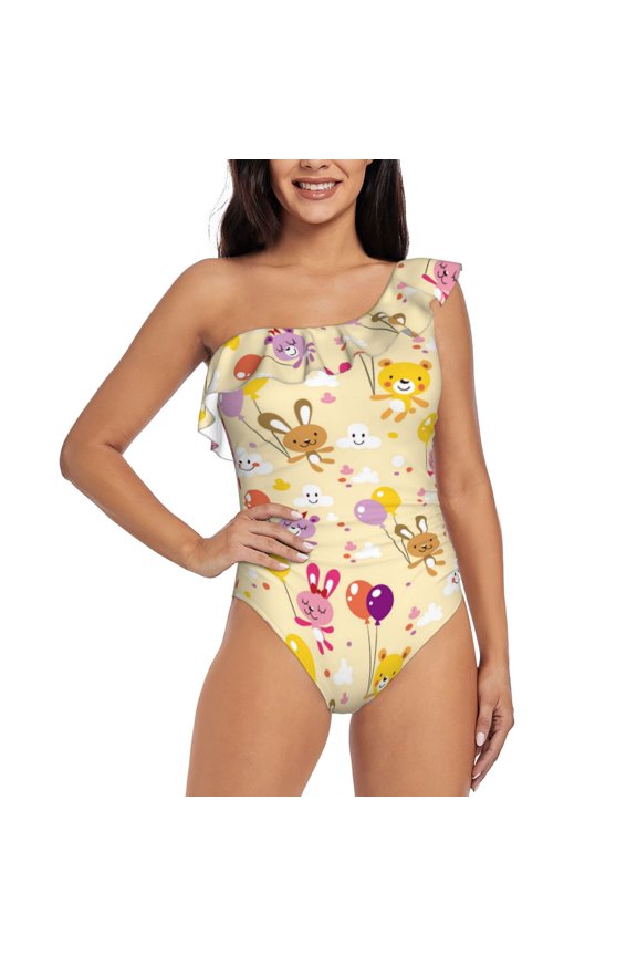 Rabbit And Balloon Pattern Women One Piece Swimsuits Tummy Control One Shoulder Bathing Suits Ruffle Swimwear-