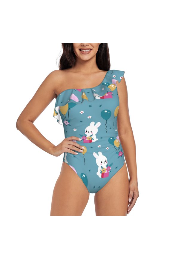 Rabbit And Balloon Pattern Women One Piece Swimsuits Tummy Control One Shoulder Bathing Suits Ruffle Swimwear-