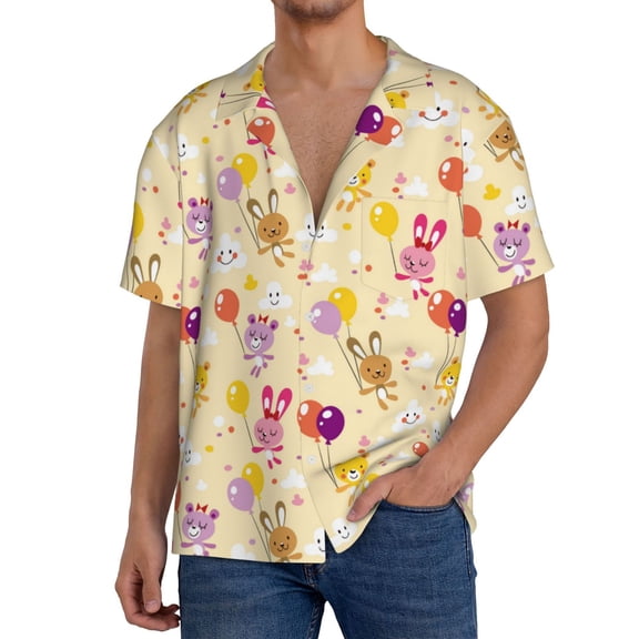Rateoe Rabbit And Balloon Print Mens Front Pocket Hawaiian Shirts Casual Shirts Short Sleeve Button Down Beach Tropical Shirts-4X-Large