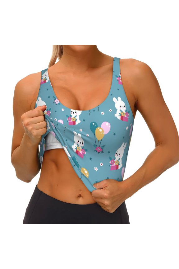 Rabbit And Balloon Print Womens' Sports Bras Scoop Neck Sports Vest- Padded U Back Seamless High Impact Support