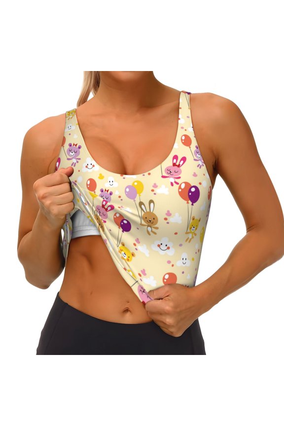 Rabbit And Balloon Print Womens' Sports Bras Scoop Neck Sports Vest- Padded U Back Seamless High Impact Support