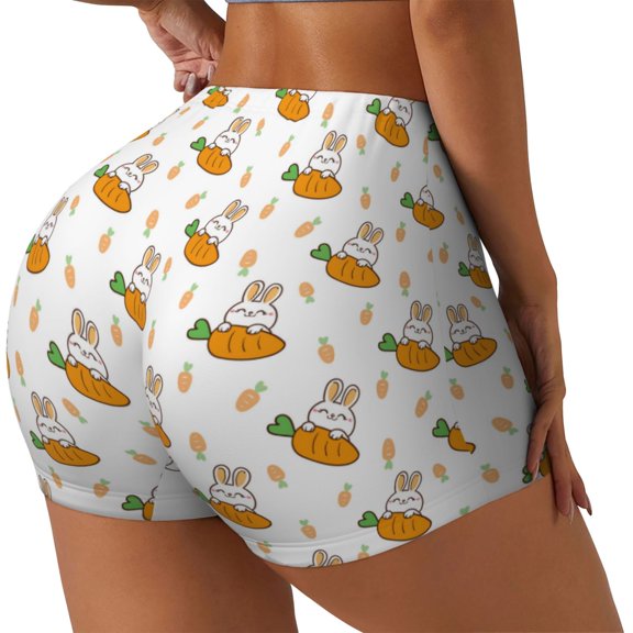 Rateoe Rabbit And Carrot Printed Power Workout Shorts for Women Tummy Control Squat Proof Ribbed Thick Seamless Scrunch Active Short-Medium