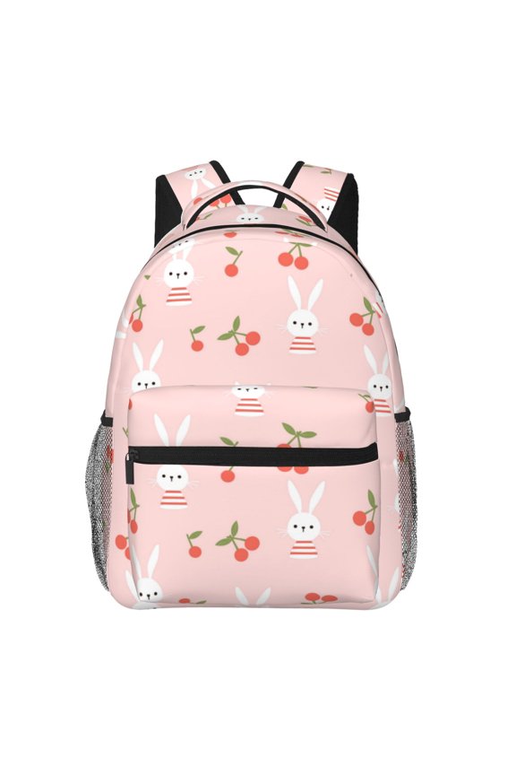 Rabbit And Cherry Pattern Casual Backpack for School, Work, Travel Adjustable Straps, Multiple Compartments Ergonomic Design, Fits Laptops and Tablets