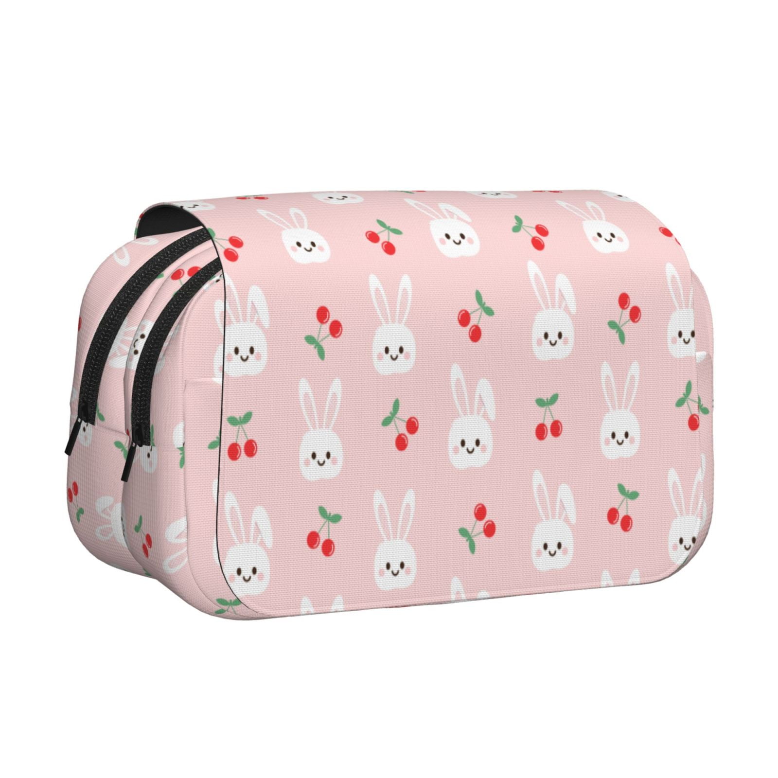 Rateoe Rabbit And Cherry Pattern Double Clamshell Pen Case, Storage Organizer with Two Zipper Compartments– Holds Up to 50 Pencils & Pens