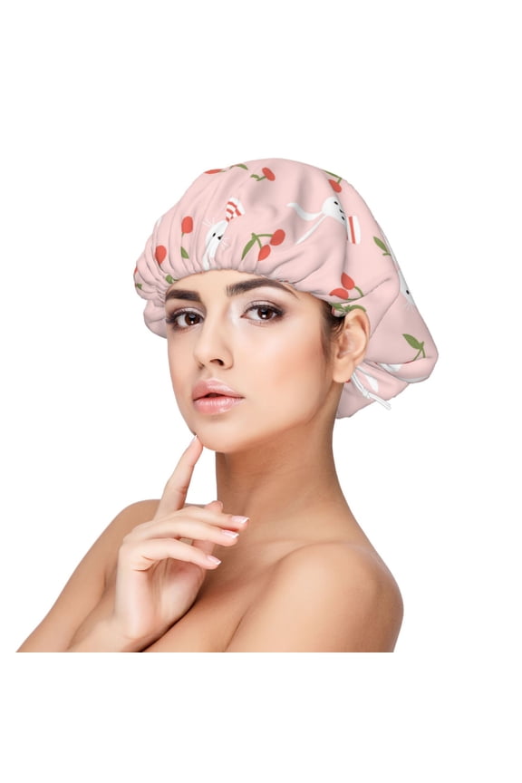 Rabbit And Cherry Pattern Silk Satin Hair Bonnet for Sleeping, Adjustable Sleep Cap Turban for Women , Curly Straight Hair Long Large Braid