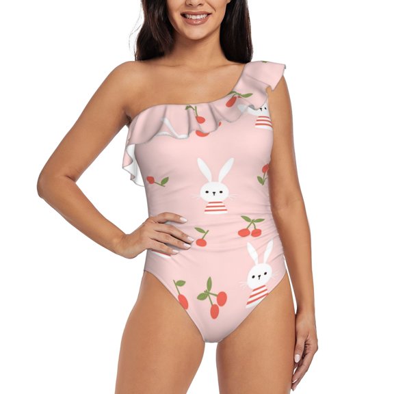 Rateoe Rabbit And Cherry Pattern Women One Piece Swimsuits Tummy Control One Shoulder Bathing Suits Ruffle Swimwear-Large
