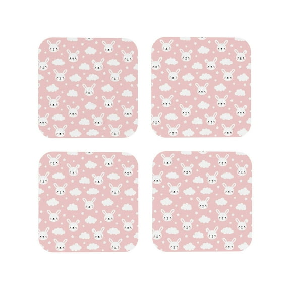 Rateoe Rabbit And Cloud Drawing Drink Coasters Set of 4 Leather Coasters Spill Protection for Table Desk,Durable and Non Slip Leather Coaster ,4 Inches Drink Mats-Square
