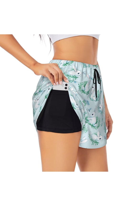 Rabbit And Dragonfly Printed 2 in 1 Women's Workout Shorts for Athletic Gym Running Shorts with Phone Pockets-