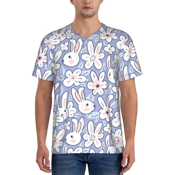 Rateoe Rabbit And Floral Pattern Men’s Baseball Short Sleeve Polo Shirt, Midweight Men's Shirt Golf Shirt Polo Shirts Quick Dry Short-Medium