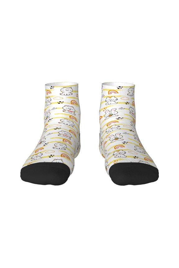 Rabbit And Milk Tea Pattern Quarter Crew Socks,Toe Seamed Ankle Socks,Cotton Cushioned Breathable Athletic Crew Sports Socks