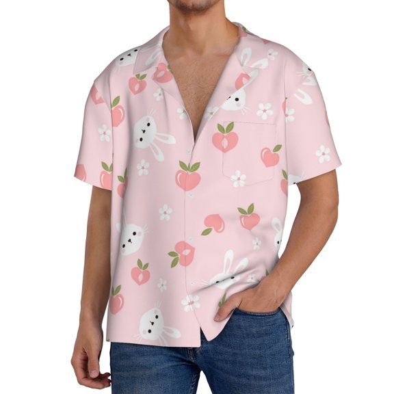 Rateoe Rabbit And Peach Pattern Men's Short Sleeve Classic Shirt, Casual Short-Sleeved Shirt, Lightweight Summer Shirt, Cuban Collar Shirt,Button-Front Shirt-Medium