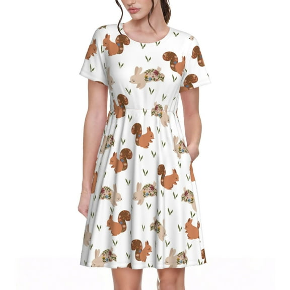Rateoe Rabbit And Squirrel Pattern Women’s Short Sleeve Dress – Casual Elegant Summer A-Line Dress for Everyday Wear