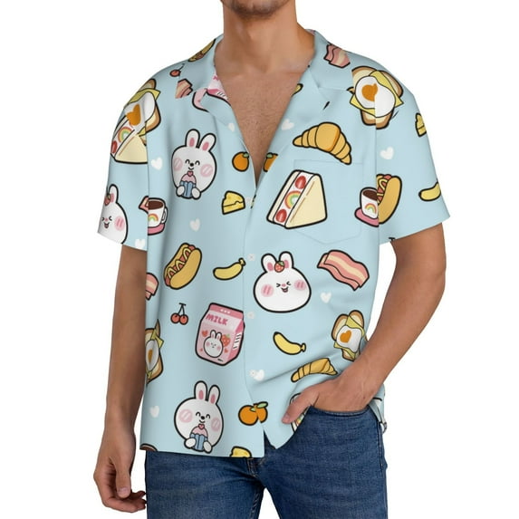 Rateoe Rabbit Burger Coffee Print Mens Front Pocket Hawaiian Shirts Casual Shirts Short Sleeve Button Down Beach Tropical Shirts-Large
