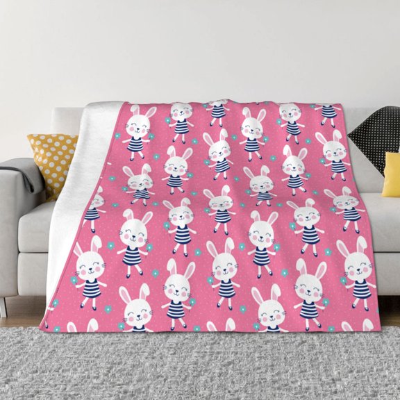 Rateoe Rabbit Holding Flowers Pattern Flannel Throw Blanket, Ultra-soft Blanket for Bed, Couch, Car, Hypoallergenic Anti-pilling blanket-80"x60"(Horizontal)