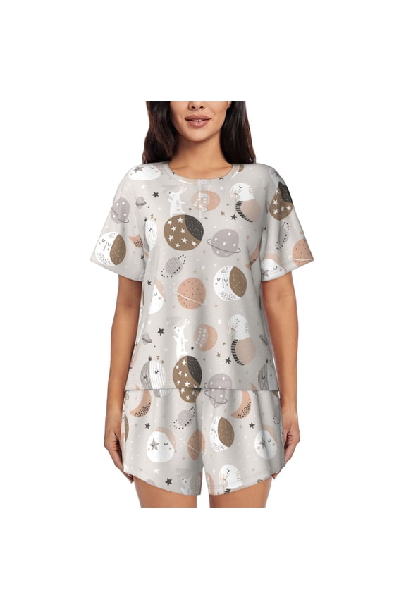Rabbit In Space Pattern Women's Short-Sleeved Pajama Set - 2 Piece Soft and Lightweight Sleepwear Set-Small