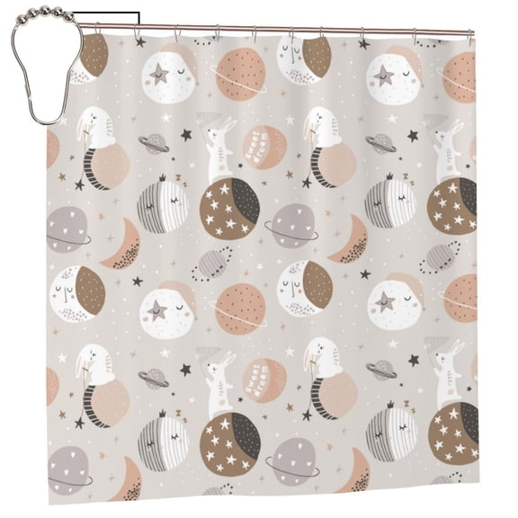 Rateoe Rabbit In Space Shower Curtain - Fancy Bathroom Shower Curtain Sets - Waterproof Shower Curtain with Hooks with 12 Plastic Hooks 72x72 Inches