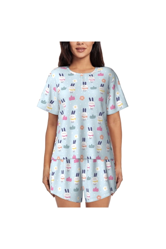 Rabbit In The Rain Pattern Women's Short-Sleeved Pajama Set - 2 Piece Soft and Lightweight Sleepwear Set-XX-Large