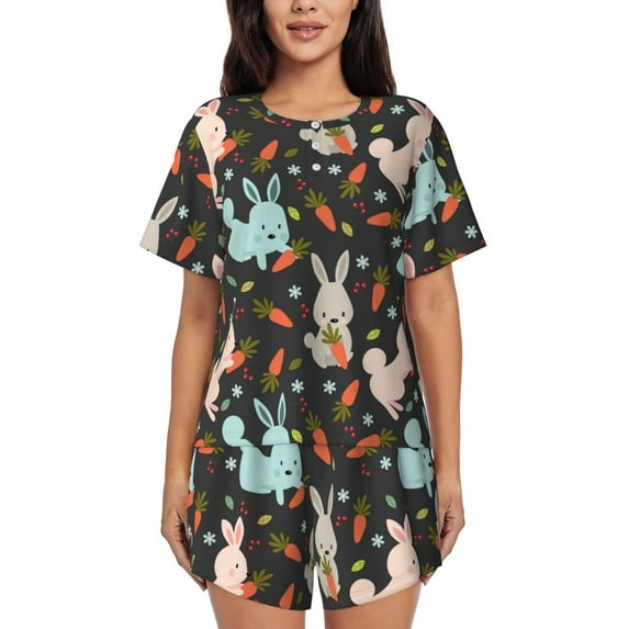 Rateoe Rabbit Is Eating Carrots Pattern Women's Short-Sleeved Pajama Set - 2 Piece Soft and Lightweight Sleepwear Set-XX-Large