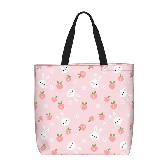 Rateoe Rabbit And Peach Print Lightweight Tote Bag for Women, Water-Resistant Shoulder Bag with Zipper, Spacious Casual Handbag for Work, School, Shopping