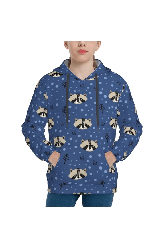 Raccoon blue point Pattern Boys Hoodie, Youth Pullover Hooded Sweatshirt, Kangaroo Pocket Hoodie for Kids-Large