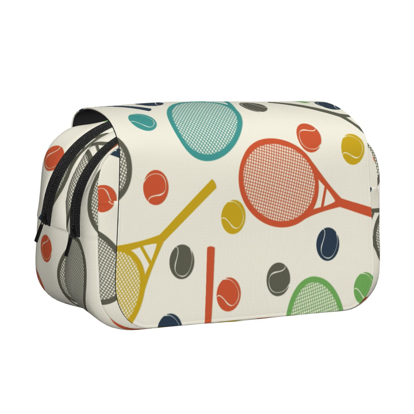 Rateoe Racket and Tennis Ball Pattern Double Clamshell Pen Case, Storage Organizer with Two Zipper Compartments– Holds Up to 50 Pencils & Pens