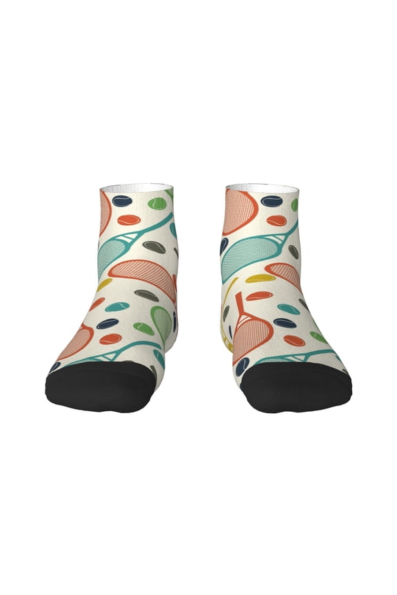 Racket and Tennis Ball Pattern Quarter Crew Socks,Toe Seamed Ankle Socks,Cotton Cushioned Breathable Athletic Crew Sports Socks