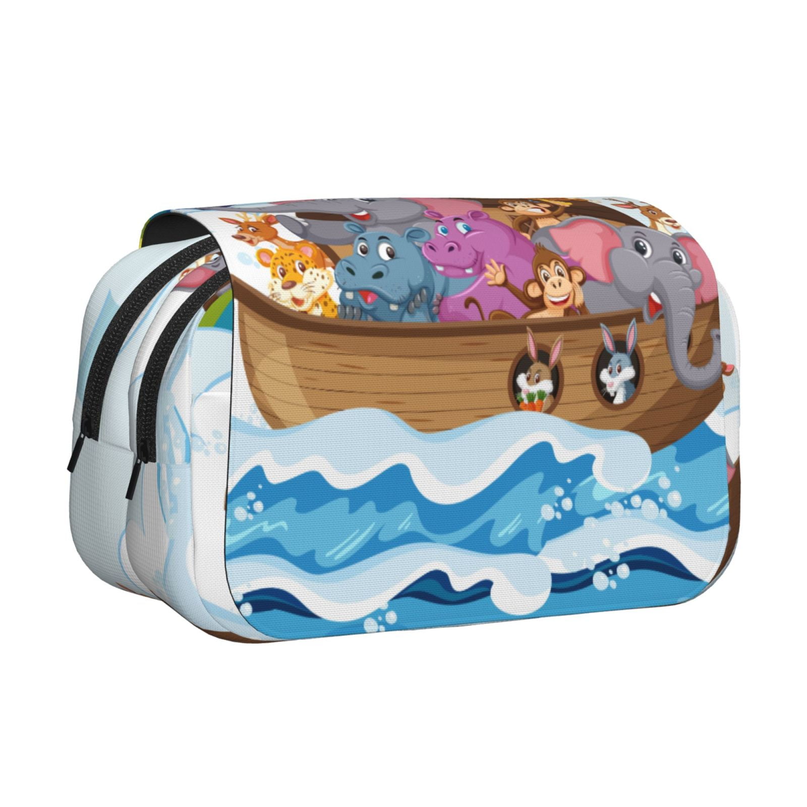 Rateoe Rainbow Animals on Noah's Ark Pattern Double Clamshell Pen Case, Storage Organizer with Two Zipper Compartments– Holds Up to 50 Pencils & Pens