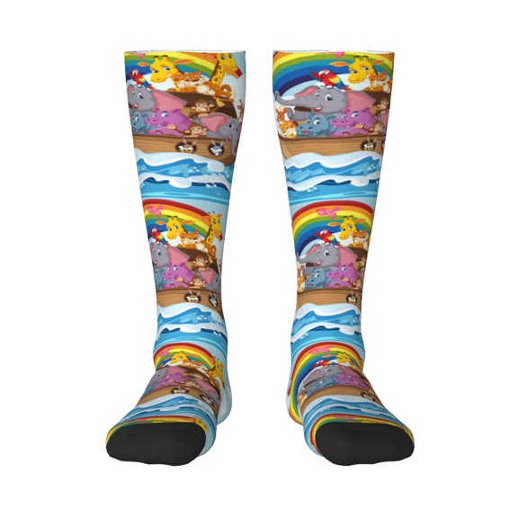 Rateoe Rainbow Animals on Noah's Ark Pattern Women’s Knee High Crew Socks,Trouser Socks Comfortable, Breathable, Moisture-Wicking and Soft