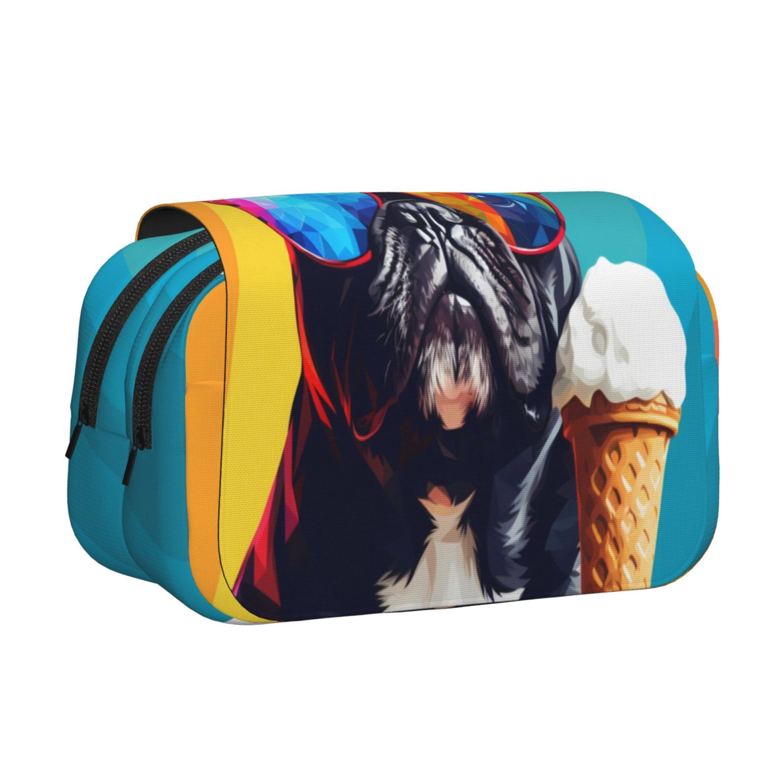 Rateoe Rainbow Bulldog Sunglasses Pattern Double Clamshell Pen Case, Storage Organizer with Two Zipper Compartments– Holds Up to 50 Pencils & Pens