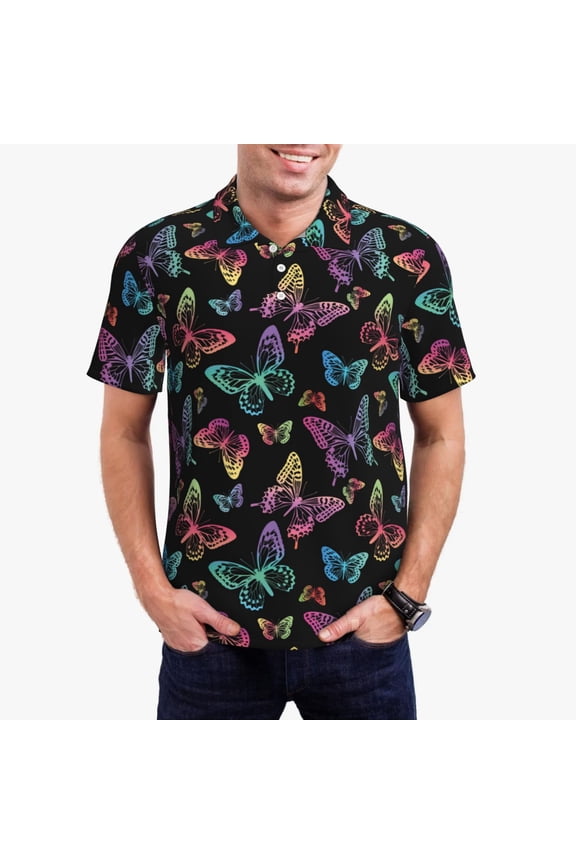 Rainbow Butterflies Pattern Men's Short Sleeve Polo Shirts, Golf Polo Shirts Short Sleeve Performance Moisture Wicking Dry-Medium