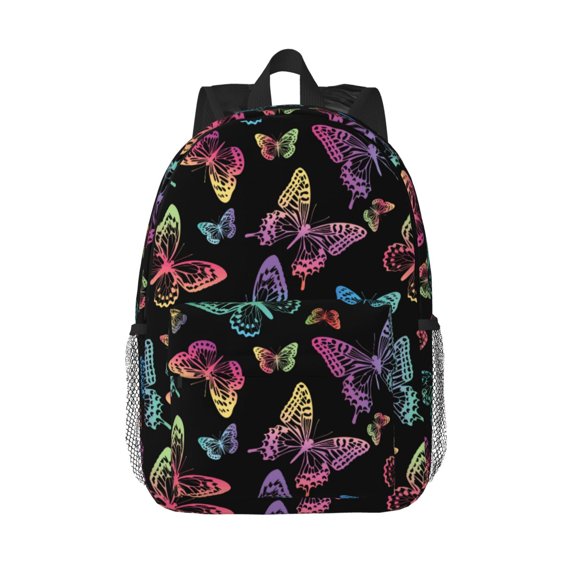 Rateoe Rainbow Butterflies Pattern Student Backpack Water-resistant Backpack 15-inch Laptop Backpack Lightweight Adjustable School Backpack