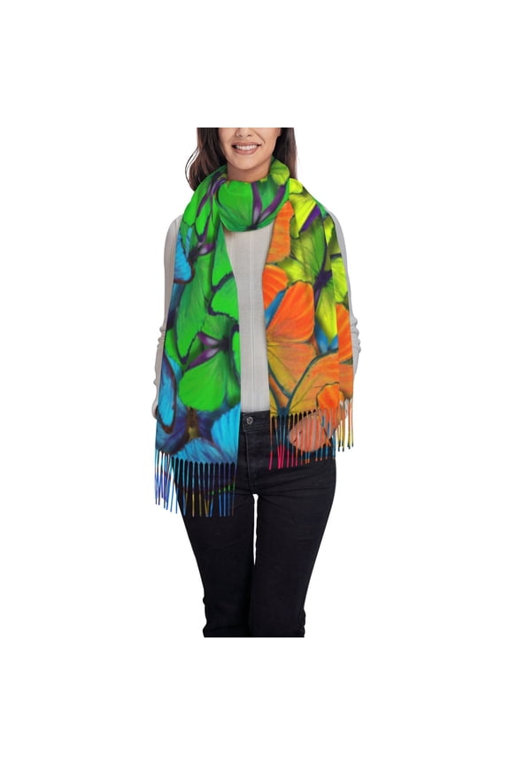Rainbow Butterflies Women's Traditional Scarf Wrap Tassel Shawl Fringes Neck Head Shawl Retro Scarf