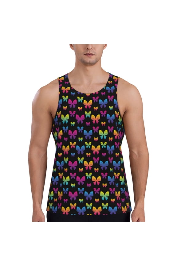 Rainbow Butterfly Pattern Sleeveless Gym Shirt Muscle Tee Breathable Workout Shirt Slim-Fit Tank Quick Dry Fit Muscle Tank Top Bodybuilding Sleeveless T Shirt-Medium