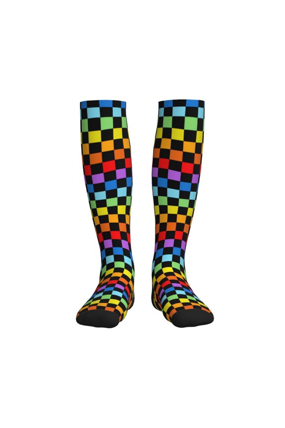 Rainbow Chequerboard Compression Socks for Women and Men 20-30mmHg-Circulation Support Socks Knee High Nurse Pregnant Running Medical and Travel Athletic