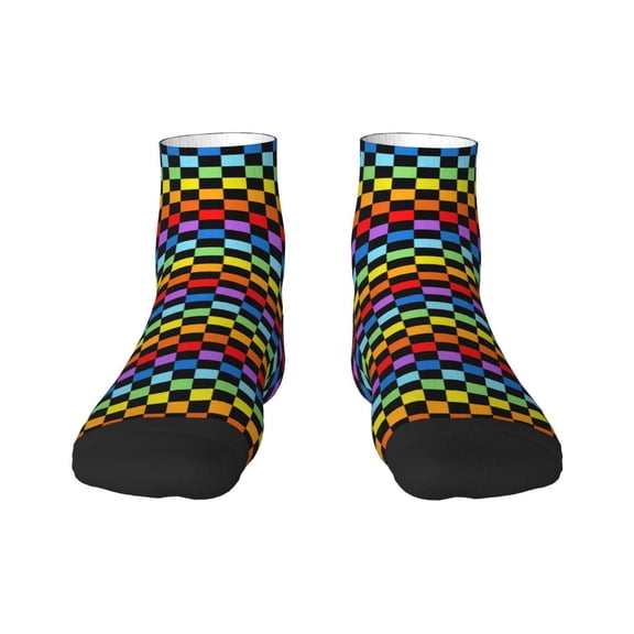 Rateoe Rainbow Chequerboard Pattern Quarter Crew Socks,Toe Seamed Ankle Socks,Cotton Cushioned Breathable Athletic Crew Sports Socks