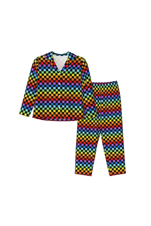 Rainbow Chequerboard Pattern Womens Pajamas Set Long Sleeve Sleepwear Button Down Nightwear Soft Cotton Pj Lounge Sets