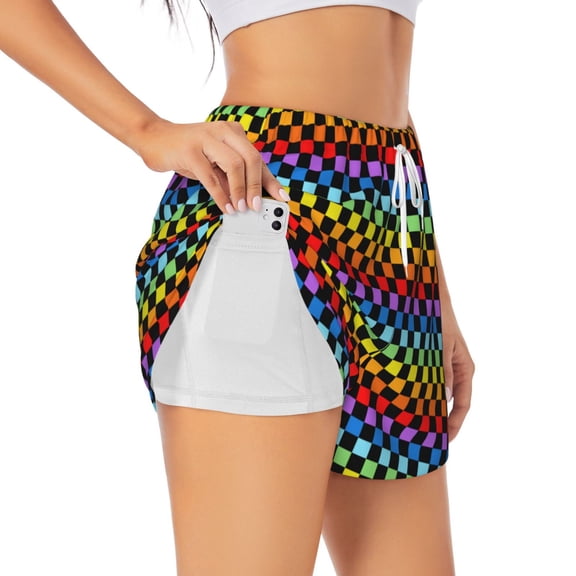 Rateoe Rainbow Chequerboard Printed 2 in 1 Women's Workout Shorts for Athletic Gym Running Shorts with Phone Pockets-Small