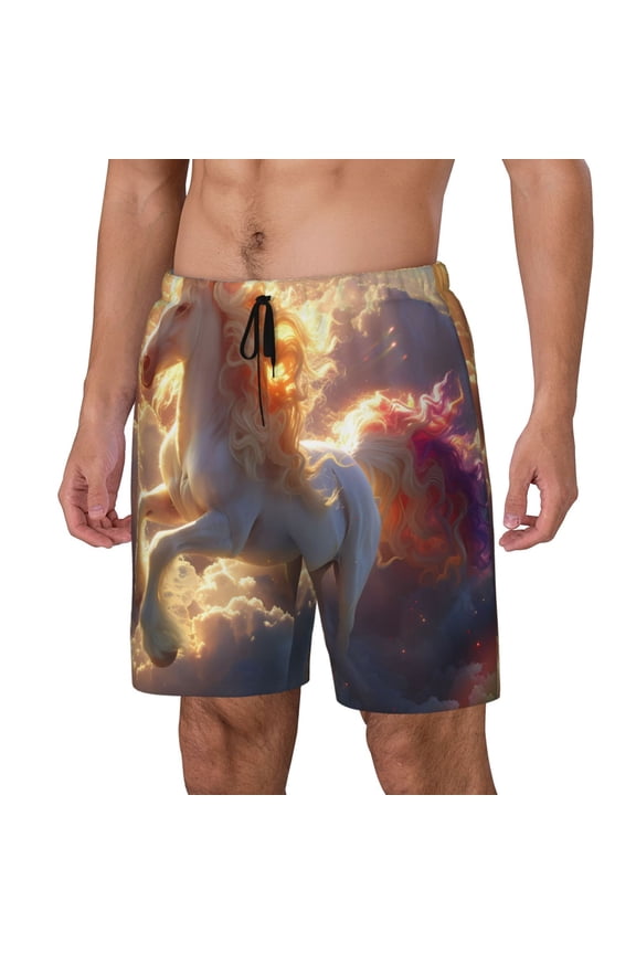 Rainbow Cloud White Horse Pattern Men’s Swim Shorts with Compression Liner – Double-Layered Quick-Dry Swimwear, Comfortable & Stretchy Beach Shorts-Large