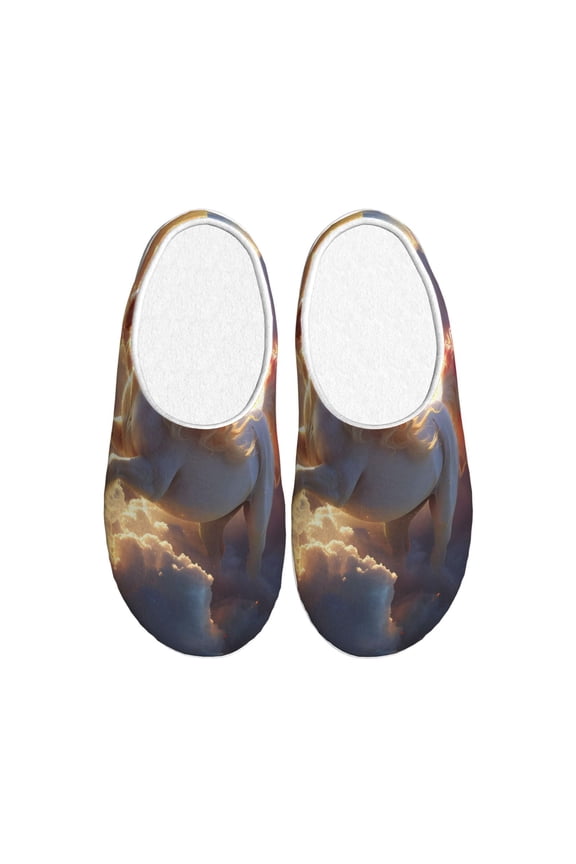 Rainbow Cloud White Horse Print Women's Men's Cotton Knit Slippers Lightweight Memory Foam Indoor House Shoes with Anti-Skid Sole-44/45
