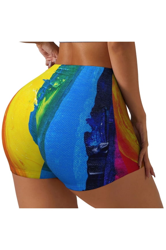 Rainbow Colored Printed Power Workout Shorts for Women Tummy Control Squat Proof Ribbed Thick Seamless Scrunch Active Short-XX-Large