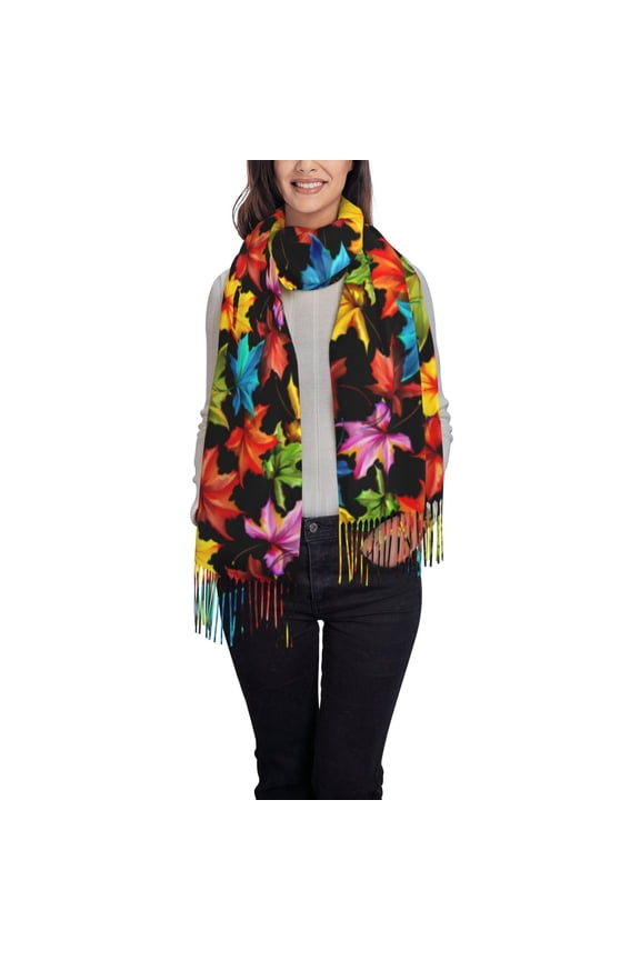 Rainbow Colorful Maple Leaves Women's Traditional Scarf Wrap Tassel Shawl Fringes Neck Head Shawl Retro Scarf