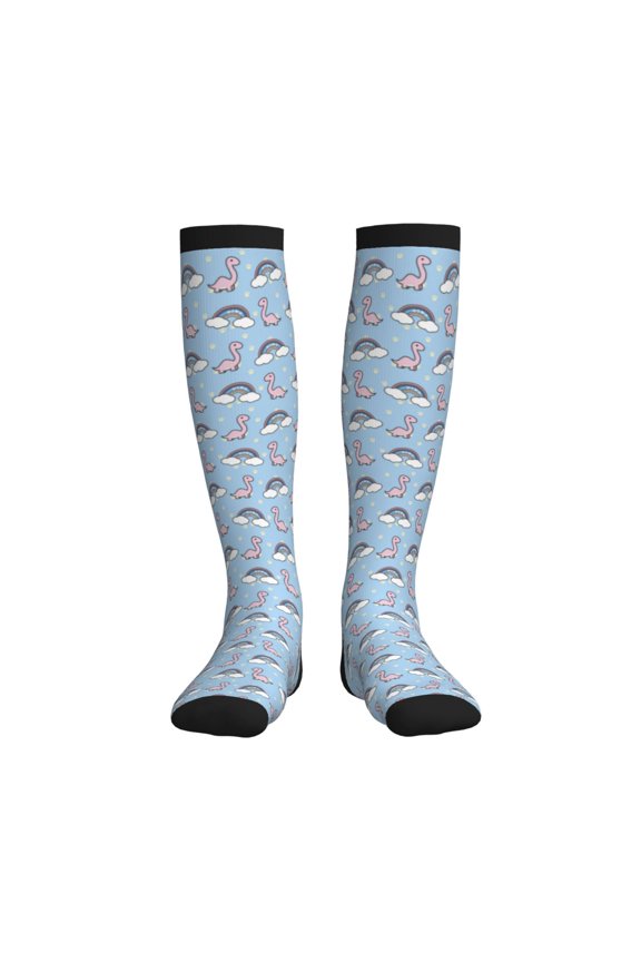 Rainbow Dinosaur Compression Socks for Women and Men 20-30mmHg-Circulation Support Socks Knee High Nurse Pregnant Running Medical and Travel Athletic