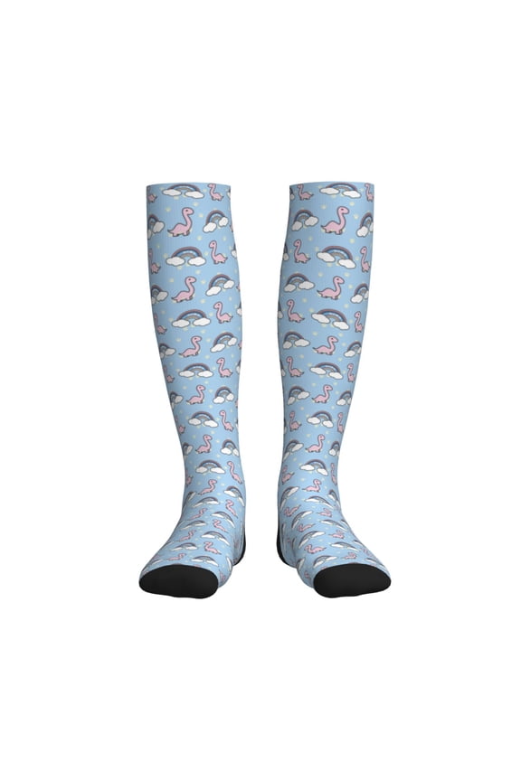 Rainbow Dinosaur Compression Socks for Women and Men 20-30mmHg-Circulation Support Socks Knee High Nurse Pregnant Running Medical and Travel Athletic