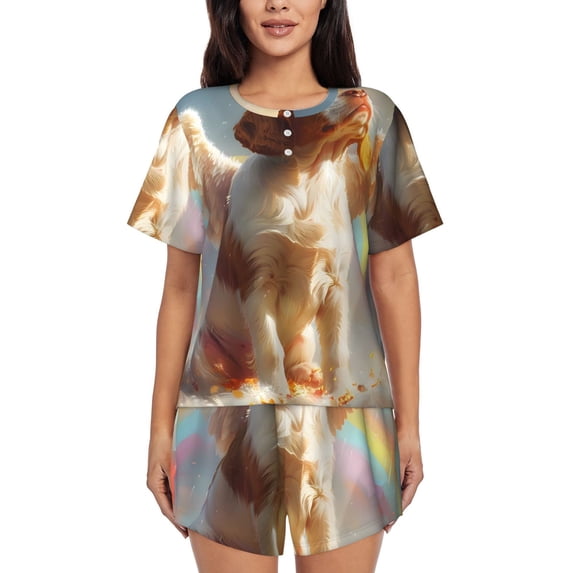 Rateoe Rainbow English Cocker Spaniel for 2 Piece Short Sleeves Pajama Sets Casual Lounge Sleepwear Ladies Pjs Sets with Pocket-X-Large