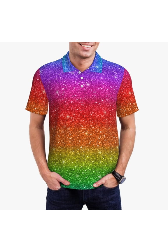 Rainbow Glitter Pattern Men's Short Sleeve Polo Shirts, Golf Polo Shirts Short Sleeve Performance Moisture Wicking Dry-Small