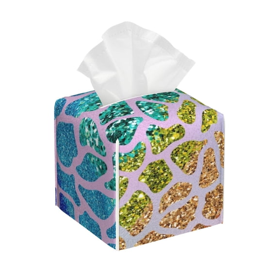 Rateoe Rainbow Glitter Pattern Tissue Box Cover, Modern Square Decorative Leather Facial Paper Case Organizer Holder Dispenser 5X5X5''