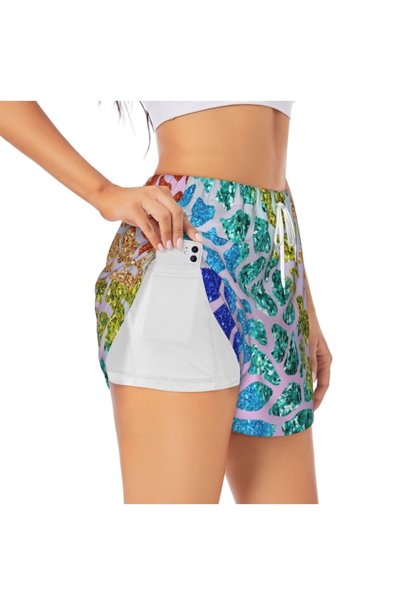 Rainbow Glitter Printed 2 in 1 Women's Workout Shorts for Athletic Gym Running Shorts with Phone Pockets-Small