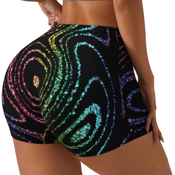 Rateoe Rainbow Glitter Printed Power Workout Shorts for Women Tummy Control Squat Proof Ribbed Thick Seamless Scrunch Active Short-Medium