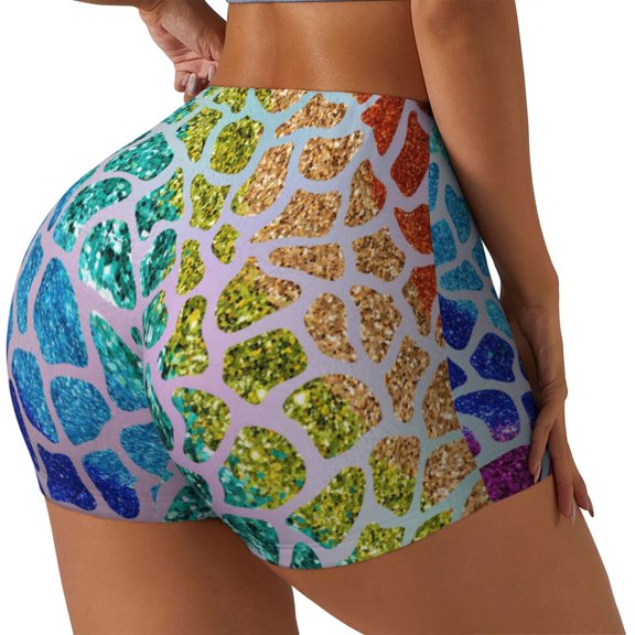 Rateoe Rainbow Glitter Printed Power Workout Shorts for Women Tummy Control Squat Proof Ribbed Thick Seamless Scrunch Active Short-Medium