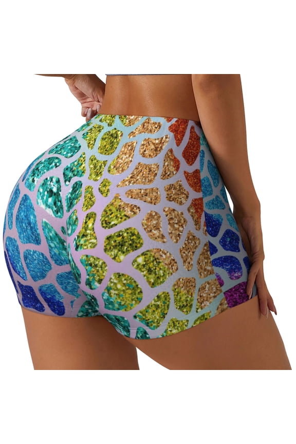 Rainbow Glitter Printed Power Workout Shorts for Women Tummy Control Squat Proof Ribbed Thick Seamless Scrunch Active Short-Medium